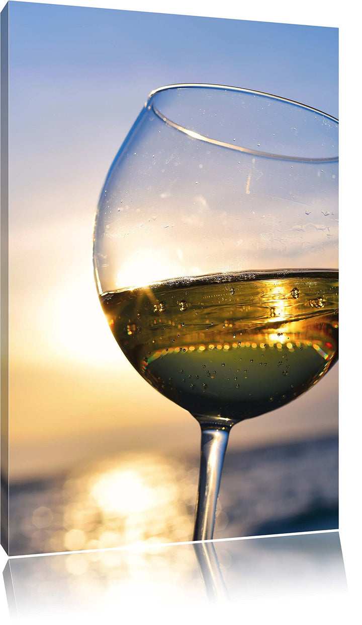 Pixxprint Weingläser im Sonnenuntergang am Meer, Format: 100x70 auf Leinwand, 100x70