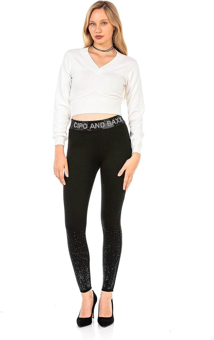 Cipo & Baxx Damen Leggings Tights Logobund Strasssteine Bequem Eng Lang Pants WR141 Schwarz S