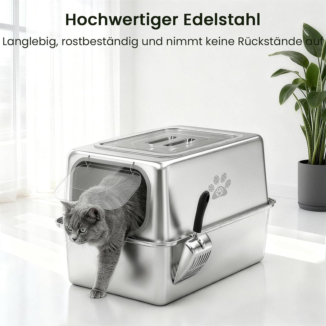 PTLOM XXL Katzenklo Edelstahl, Auslaufsicheres Katzenklo mit Deckel, grossem Metall-Streubehälter, G