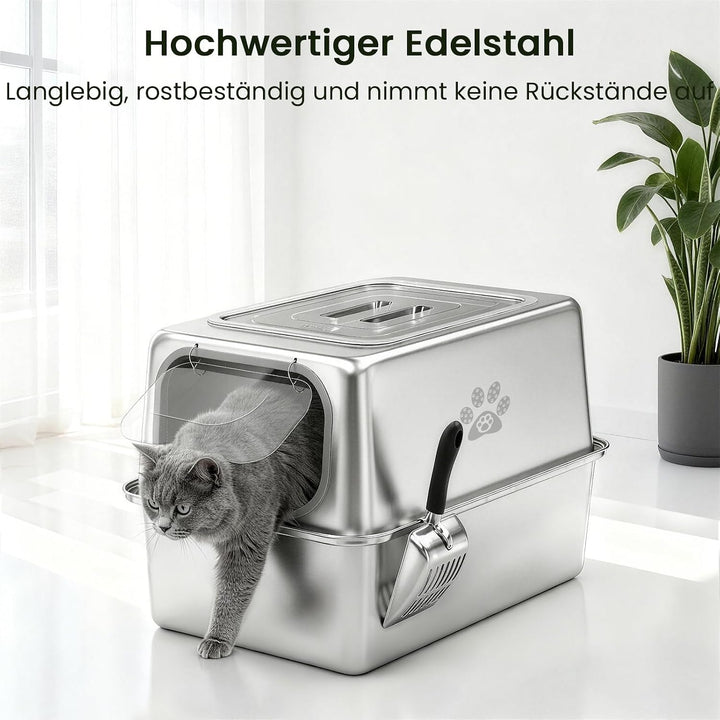 PTLOM XXL Katzenklo Edelstahl, Auslaufsicheres Katzenklo mit Deckel, grossem Metall-Streubehälter, G