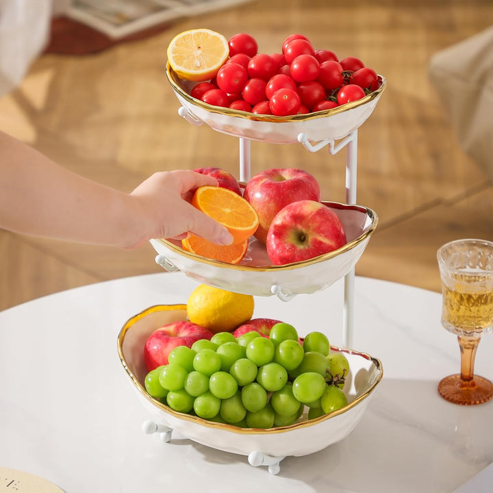 Simcat 3-Schicht Obstschale Keramik mit Metallgestell - Etagere Dekoschale für Küche/Wohnzimmer, Ser