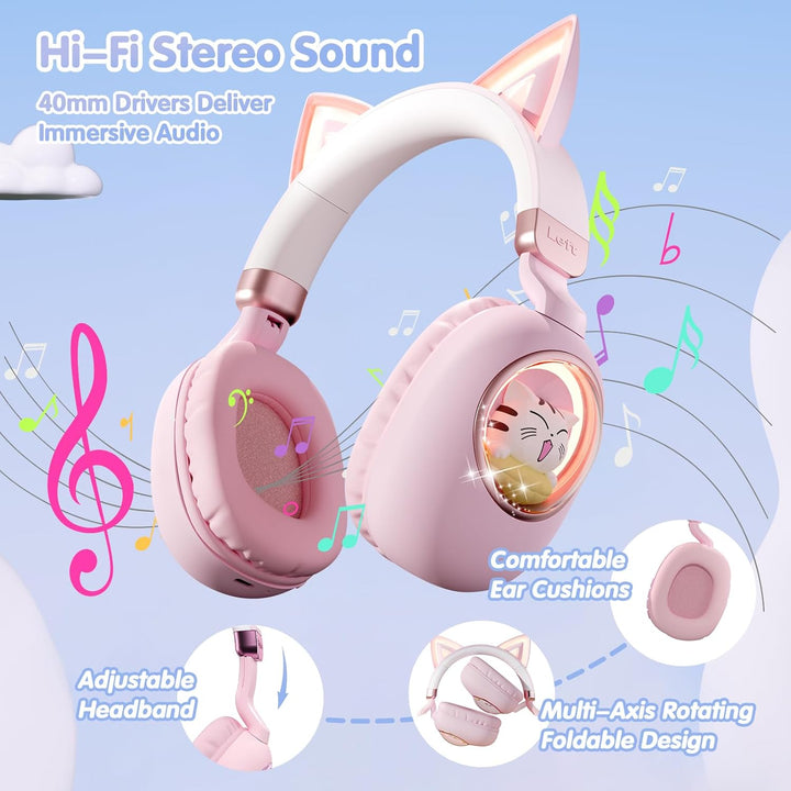 Kinder Kopfhörer mit Katzenohren, Bluetooth 5.4 Over-Ear Noise Cancelling Kopfhörer mit Mikrofon, LE