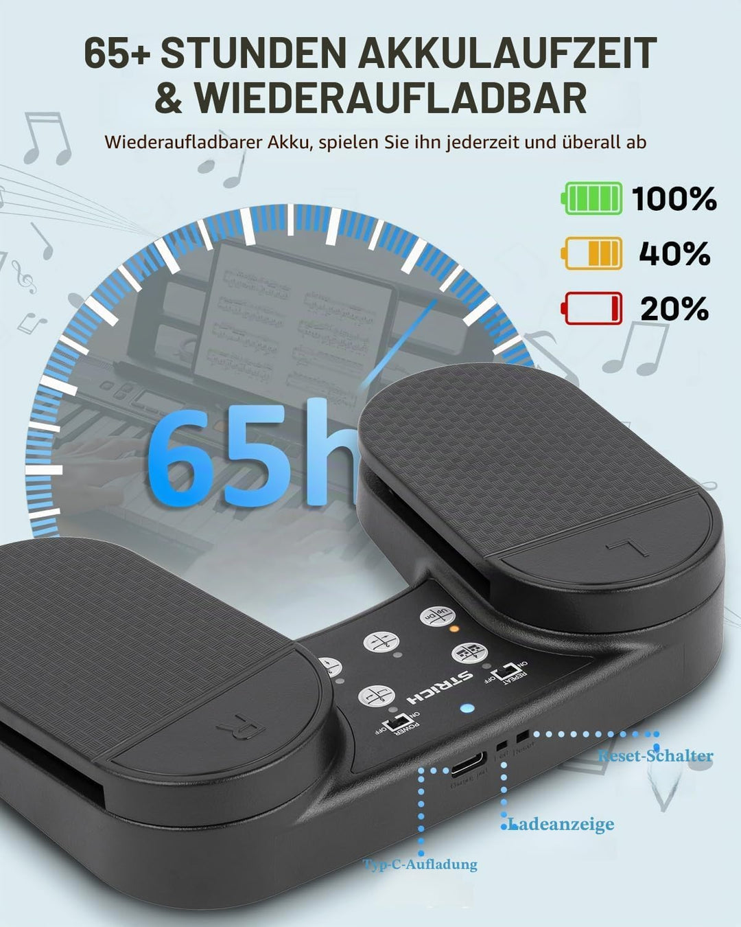 STRICH Drahtloser Page Turner Pedal für iPad, Wiederaufladbares Musikseitenumblätter-Pedal, 5 Modi,