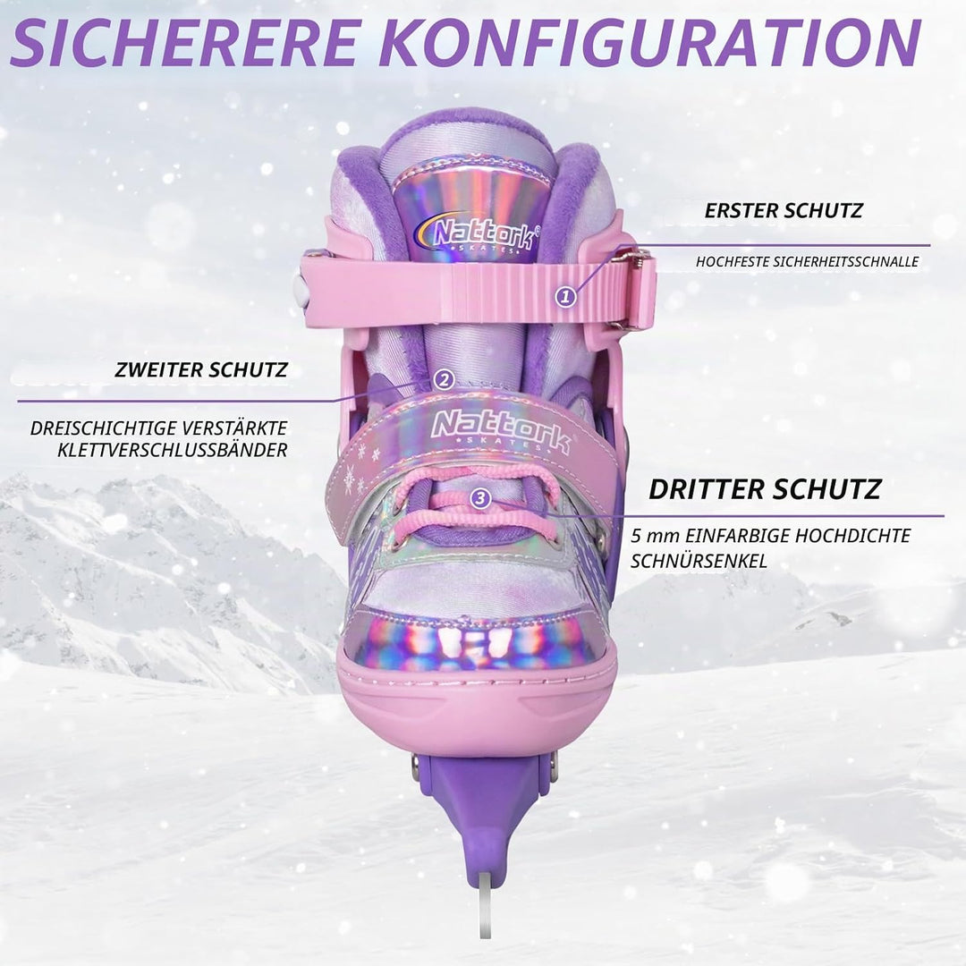 Nattork verstellbare Kinder Eisrutschen - 4 Grösse Schneeflocken Spitze-Up Skates mit warmem Plüsch
