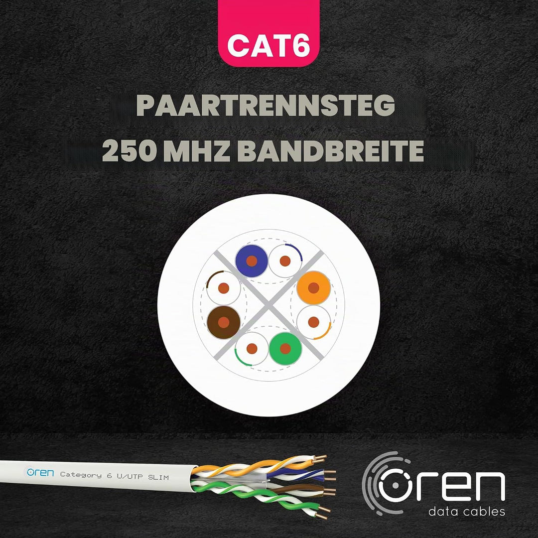 Oren CAT6 100m Ethernet Kabel Weiss - Schlank - 23 AWG Reines Kupferdraht - 250 MHz Bandbreite UTP I