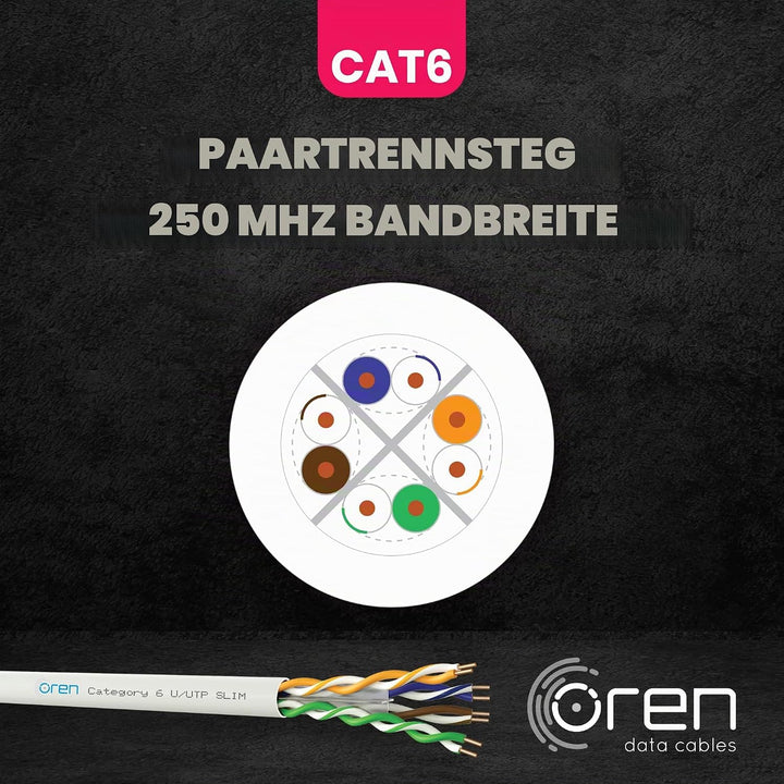 Oren CAT6 100m Ethernet Kabel Weiss - Schlank - 23 AWG Reines Kupferdraht - 250 MHz Bandbreite UTP I