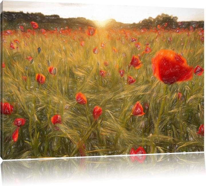 Pixxprint Traumhaftes Mohnfeld bei Sonnenuntergang Bunstift Effekt, Format: 100x70 auf Leinwand, 100