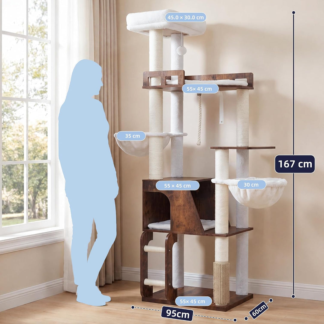 Hey‑brother 167cm Holz‑Kratzbaum, modern, für Mehrkatzenhaushalte MPJ111SR | Mehrstöckiger Katzenbau