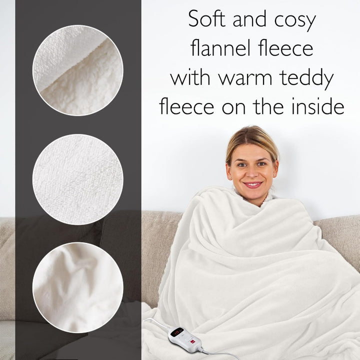 SENSIOHOME Luxus Heizdecke Creme, Elektrische Kuscheldecke aus Flanellfleece mit Teddyfleece-Innense