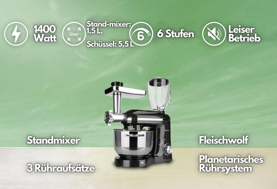 Zilan 3in1 Küchenmaschine | Rührmaschine Teigmaschine Knetmaschine Teigkneter 1400 Watt 6 Geschwindi
