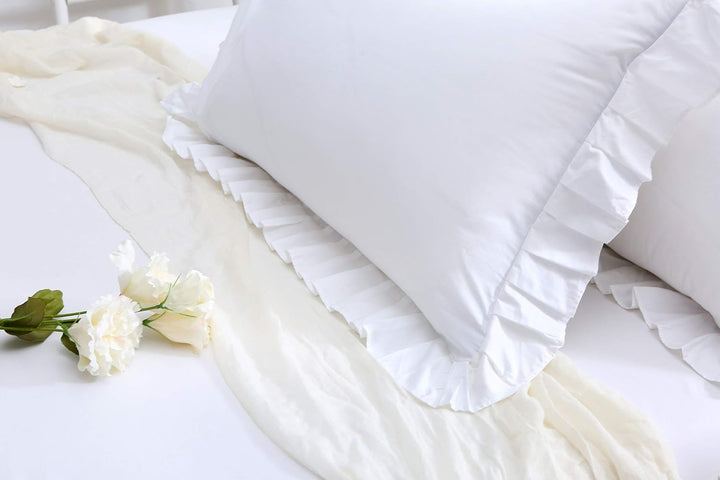 Meaning4 Kissenbezüge mit Saum Rüschen Baumwolle Weisse Bettwäsche 40 x 60 cm 2 Stück Weisse 40X60CM