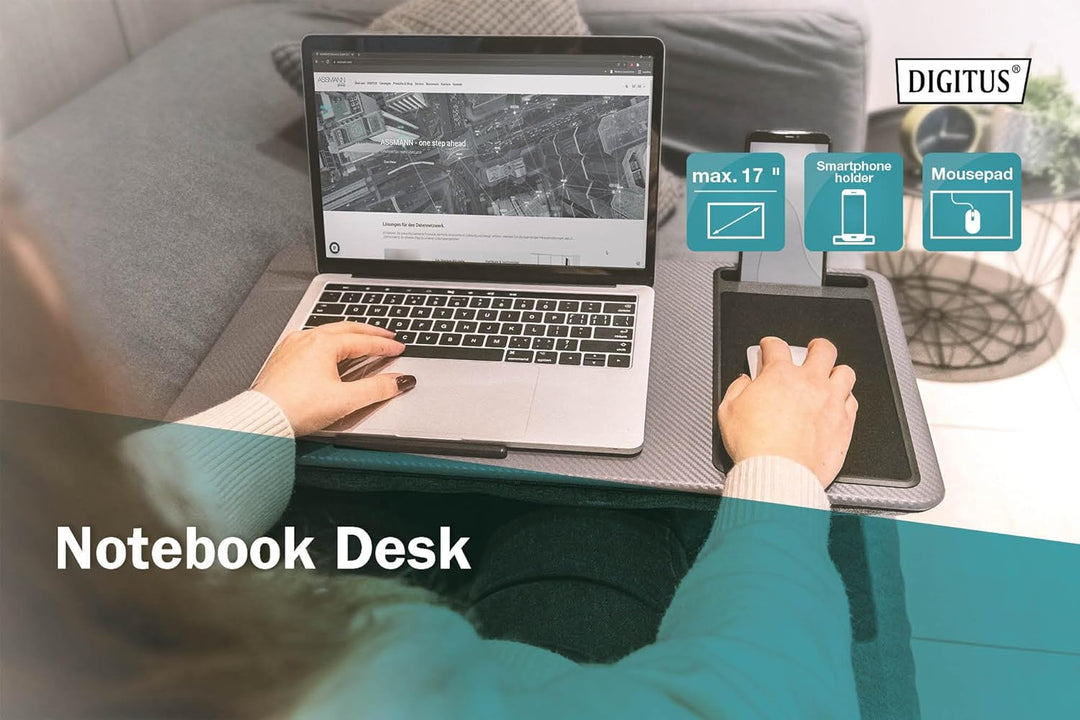 DIGITUS Notebook Kissen - mit Smartphone-Halterung - für 17" Laptops - Laptopunterlage - zum bequeme