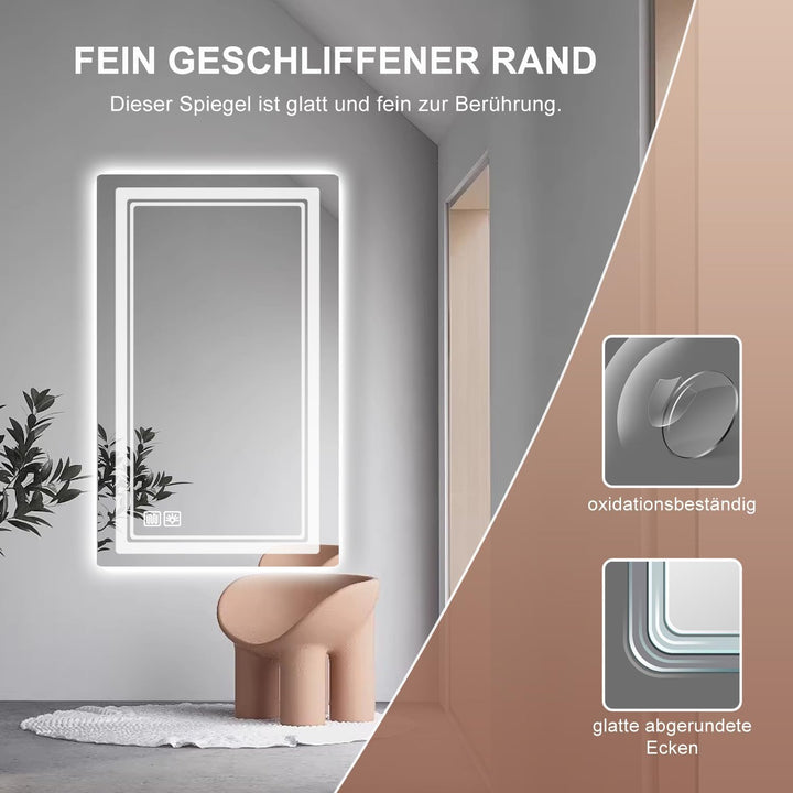 Badspiegel mit Beleuchtung 80 × 60cm, Badezimmerspiegel Beleuchtet Beschlagfrei LED Bad Spiegel mit