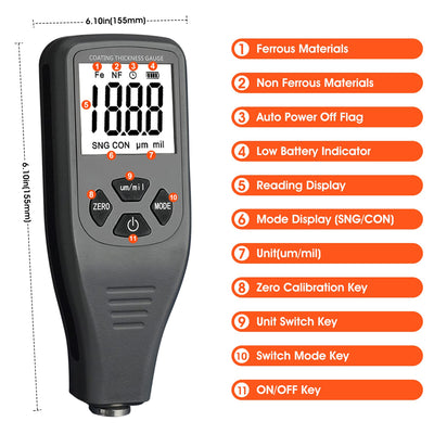 Schichtdickenmessgerät Digitales Lackdickenmessgerät mit Sensor für automatische Fe-NF Messung Messb