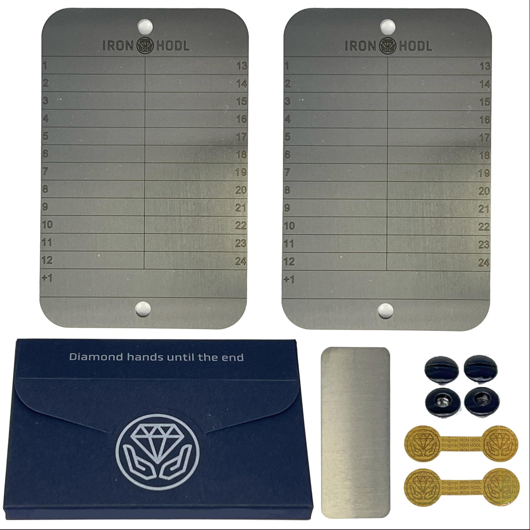 IRON HODL Steel Wallet (2x 24+1) + Testplatte, Schrauben, Siegel Sticker, Box - Recovery Seed Phrase