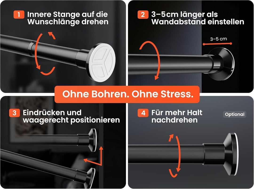 Gardinenstange zum Klemmen 90-160cm, Matt Schwarz, Ø 25 mm, Duschstange ohne Bohren - Teleskopstange
