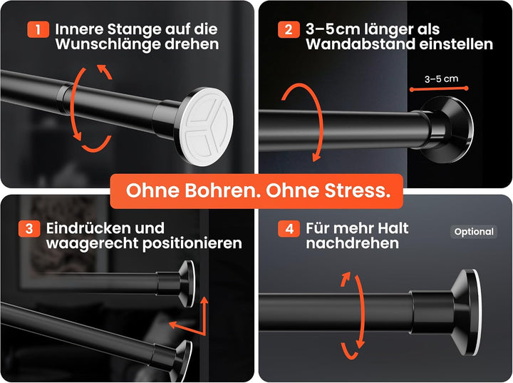 Gardinenstange zum Klemmen 90-160cm, Matt Schwarz, Ø 25 mm, Duschstange ohne Bohren - Teleskopstange
