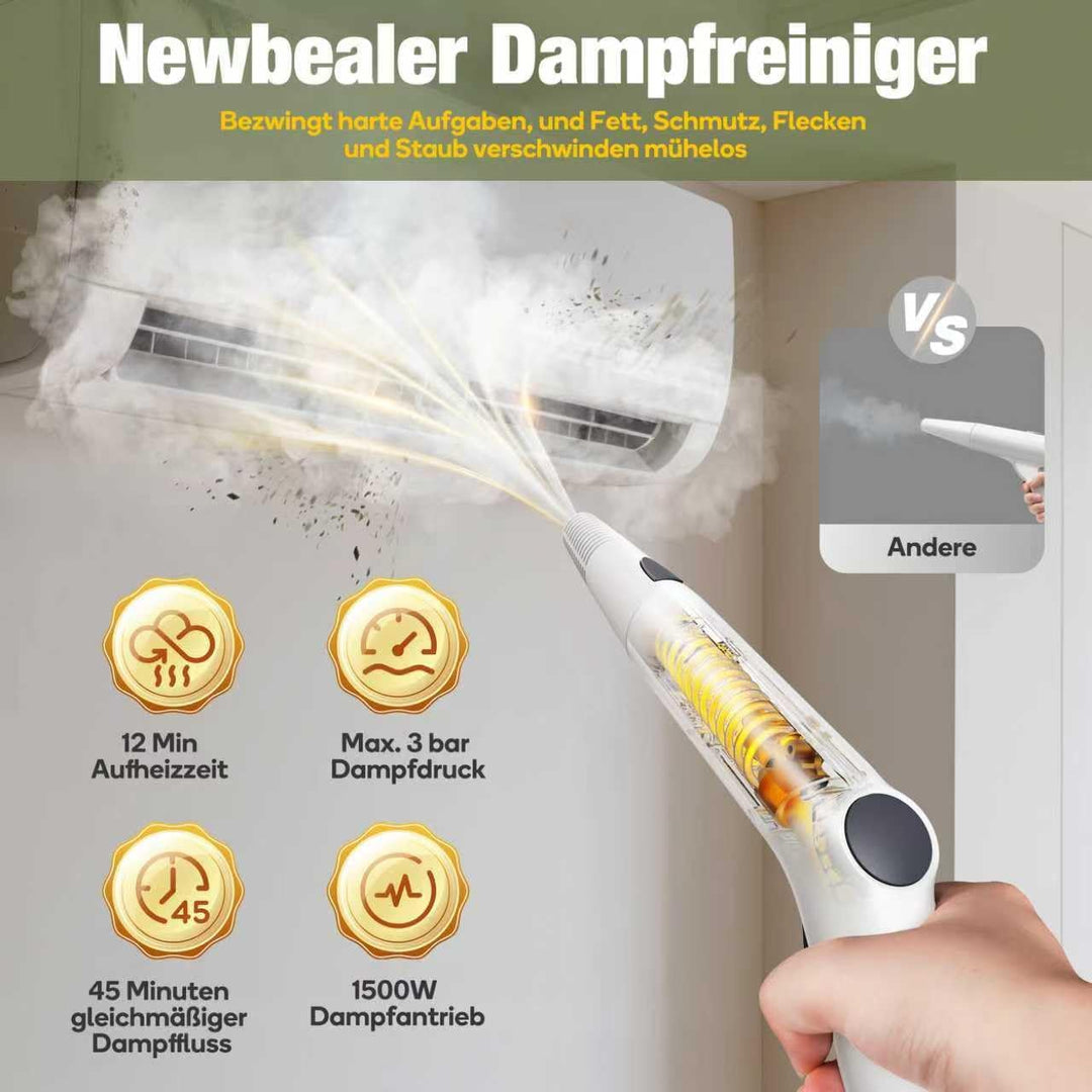 Newbealer Dampfreiniger, 1500W Handdampfreiniger, Max. 3 bar Dampfdruck, 1,5L Wassertank, 45 Min Lau