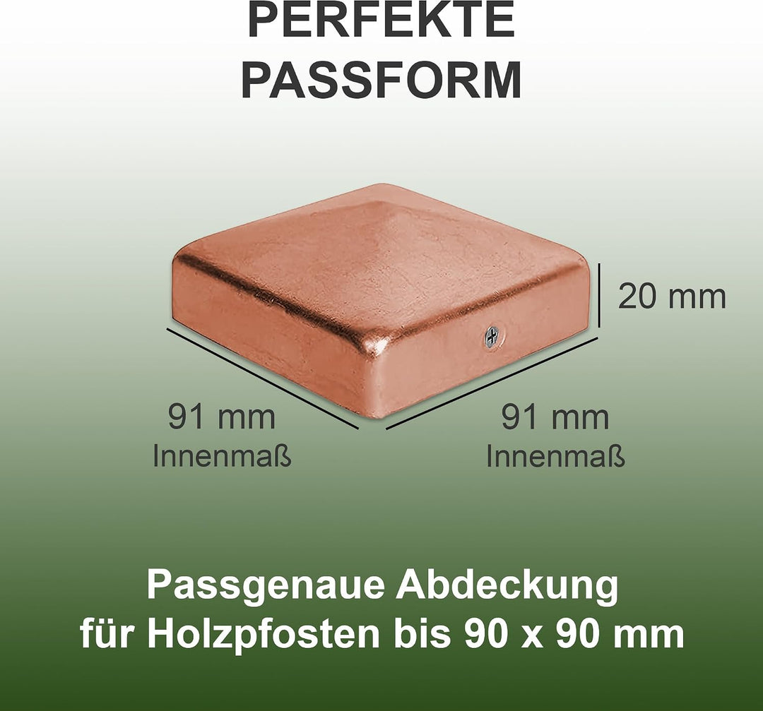 h2i Pfostenkappe | Kupfer | 91 x 91 mm | 10 Stück | Eckige Abdeckkappe für Garten Holzpfosten Pfoste