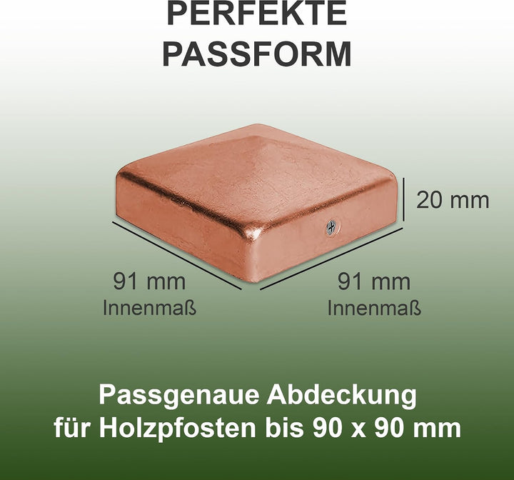 h2i Pfostenkappe | Kupfer | 91 x 91 mm | 10 Stück | Eckige Abdeckkappe für Garten Holzpfosten Pfoste
