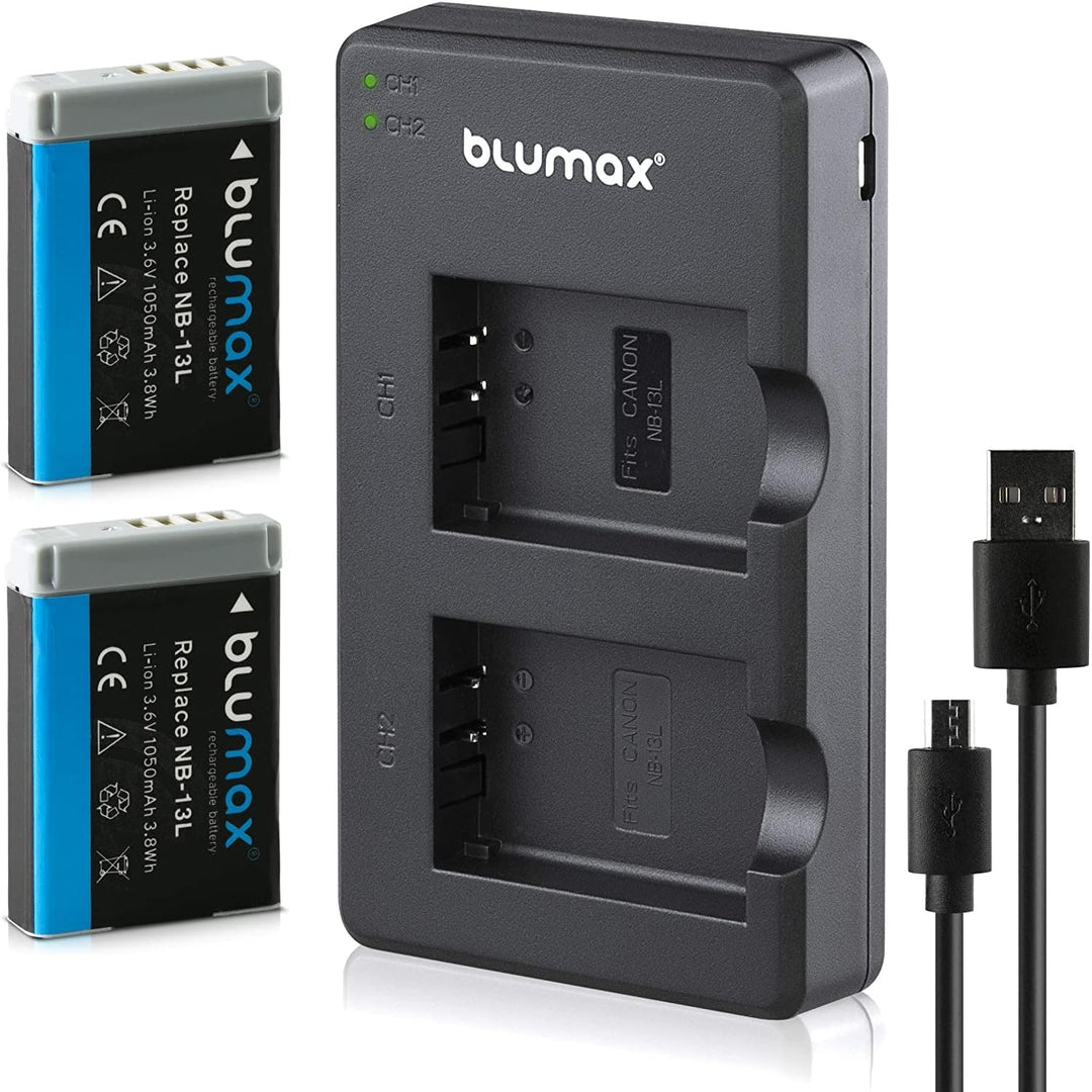 2X Akku + USB Slim-Dual-Ladegerät für Canon NB-13L NB13L mit InfoCHIP! / 1050mAh 3,6V für Canon Powe