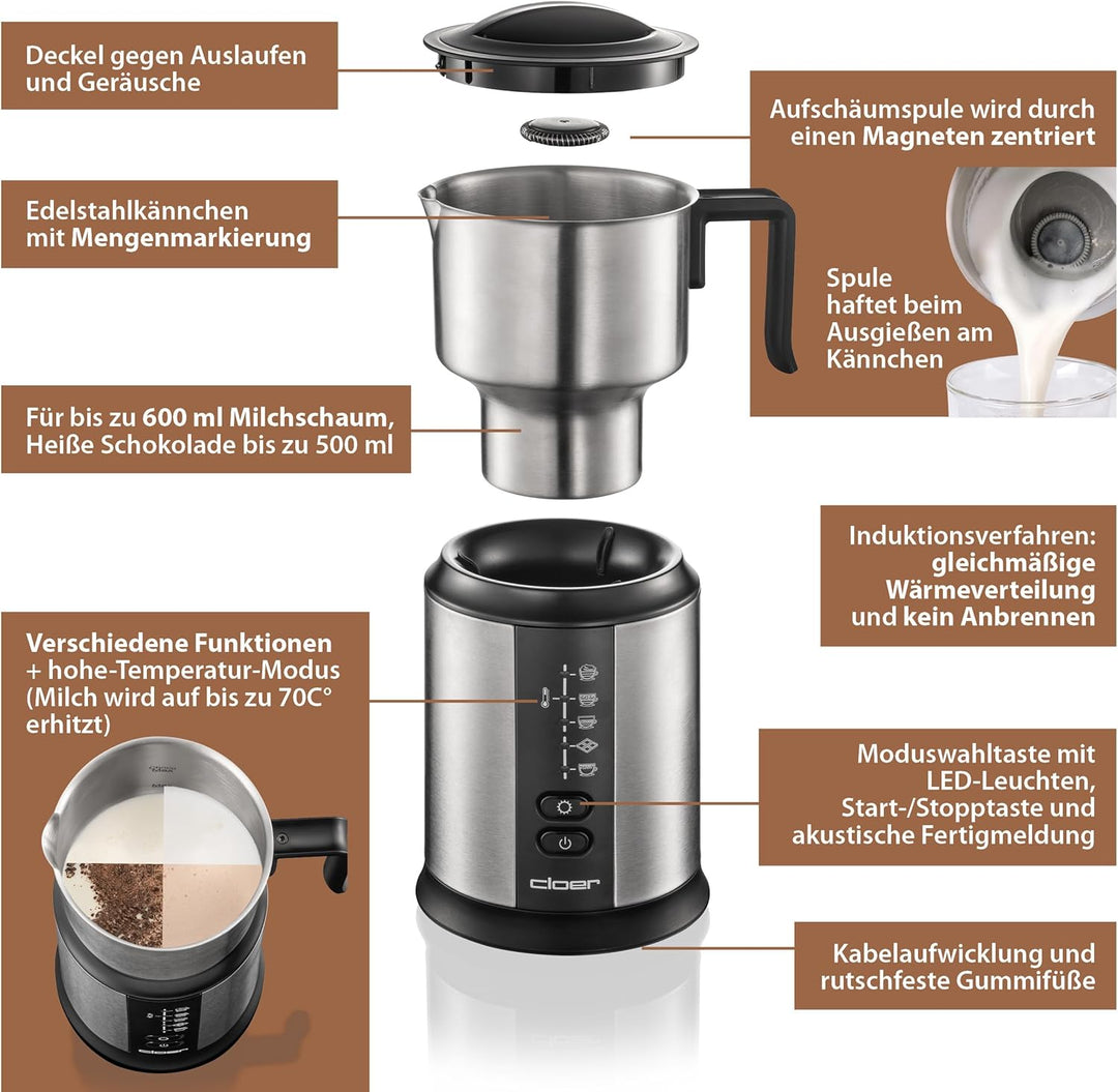 Cloer 7789 Induktions-Milchaufschäumer, für bis zu 450 ml, kalter oder warmer Milchschaum, heisse Sc