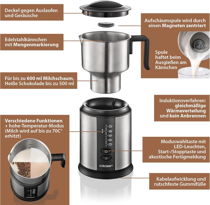 Cloer 7789 Induktions-Milchaufschäumer, für bis zu 450 ml, kalter oder warmer Milchschaum, heisse Sc