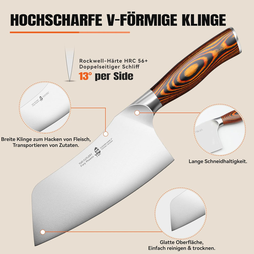 TUO Fiery Phoenix Chinesisches Kochmesser - Hohe Qualität Deutsche Stahl & Holzgriff (TC0702-17.00cm