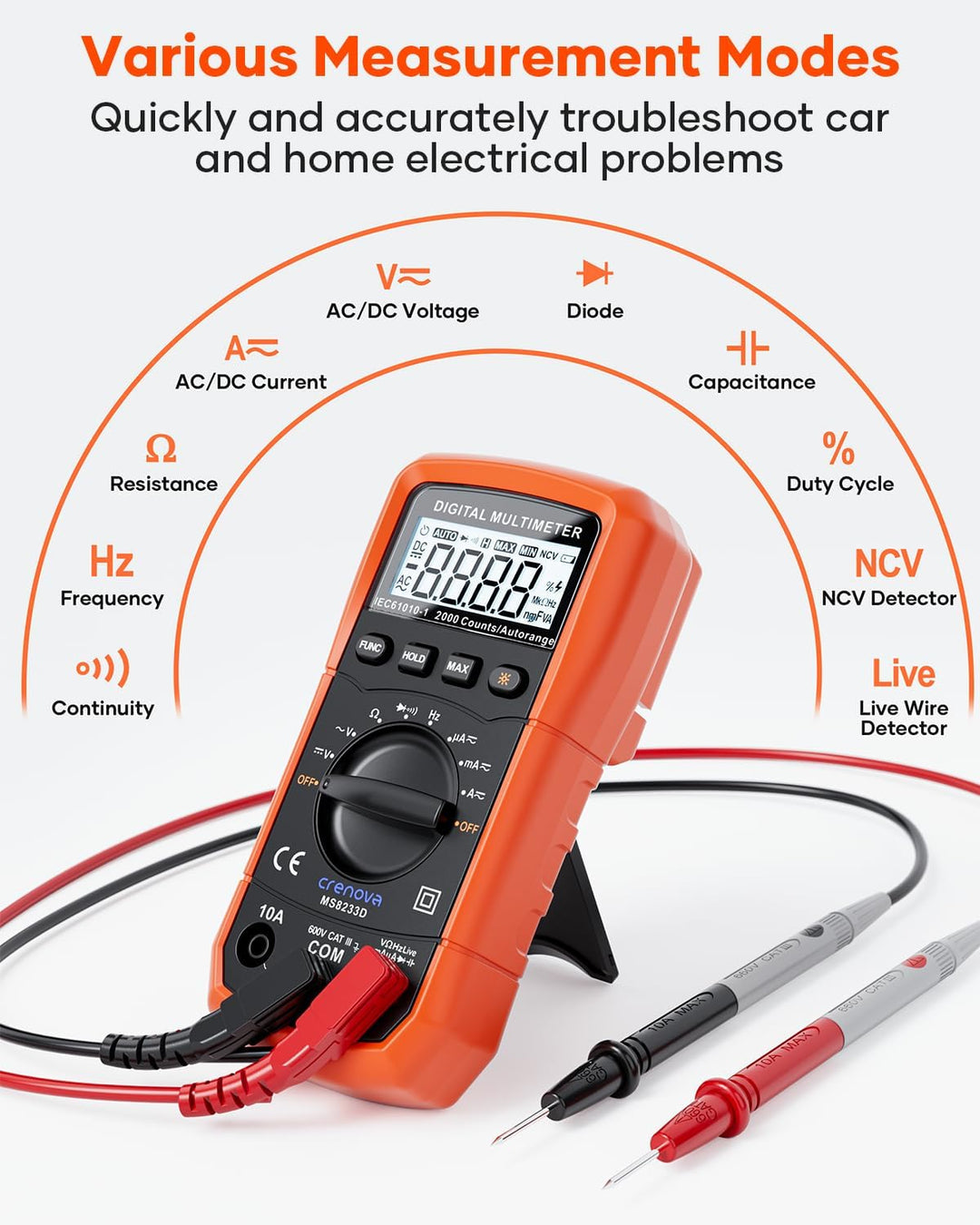 Crenova MS8233D Multimeter DC AC Voltmeter Ohm Volt Amp Tester für Spannung Strom Widerstand Kapazit