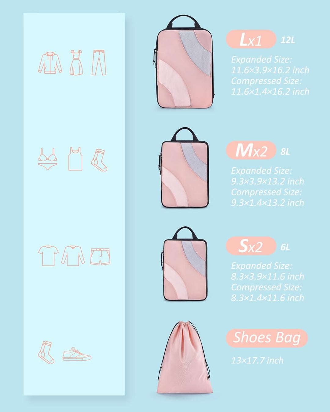 BAGSMART Packing Cubes Compression 6 Stück, Packwürfel Kompression Koffer Organizer Set, Travel Esse