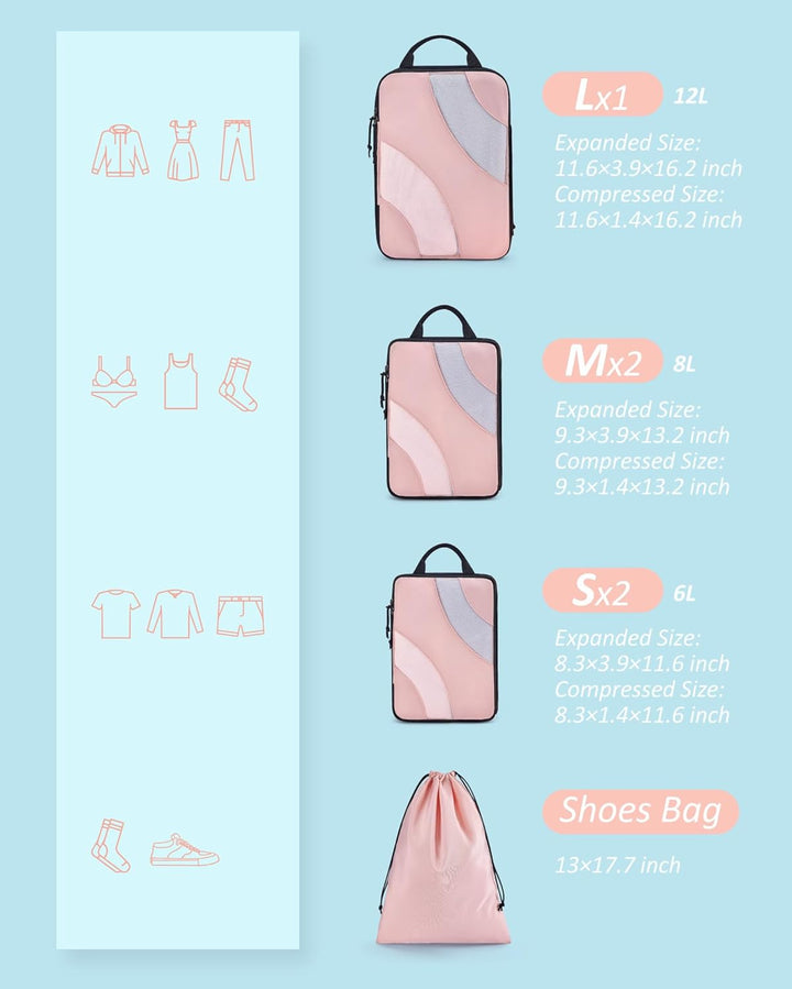 BAGSMART Packing Cubes Compression 6 Stück, Packwürfel Kompression Koffer Organizer Set, Travel Esse