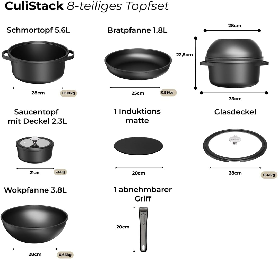 Essential Topf und Pfannenset 8-teilig Induktion, Abnehmbarer Griff, Stapelbar, Platzsparend, Backof