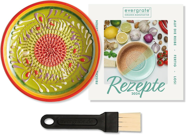 Evergrate® Keramikreibe Diego mit Geschenkbox – mit Reibe, Knoblauchschäler, Rezeptheft & Pinsel – H