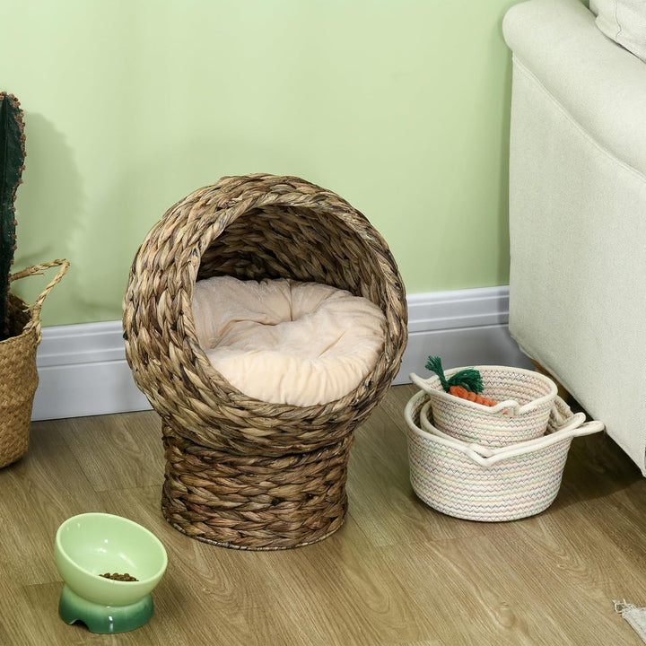 PawHut Rattan Katzenkorb Katzenhöhle Katzenhütte Katzenbett mit Kissen Haustierbett Wasserhyazinthe