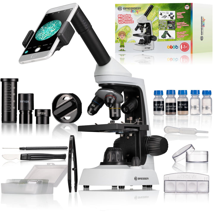 Bresser Junior Mikroskop 40x-2000x mit innovativer Smartphone Halterung und regelbarer Auflicht- und