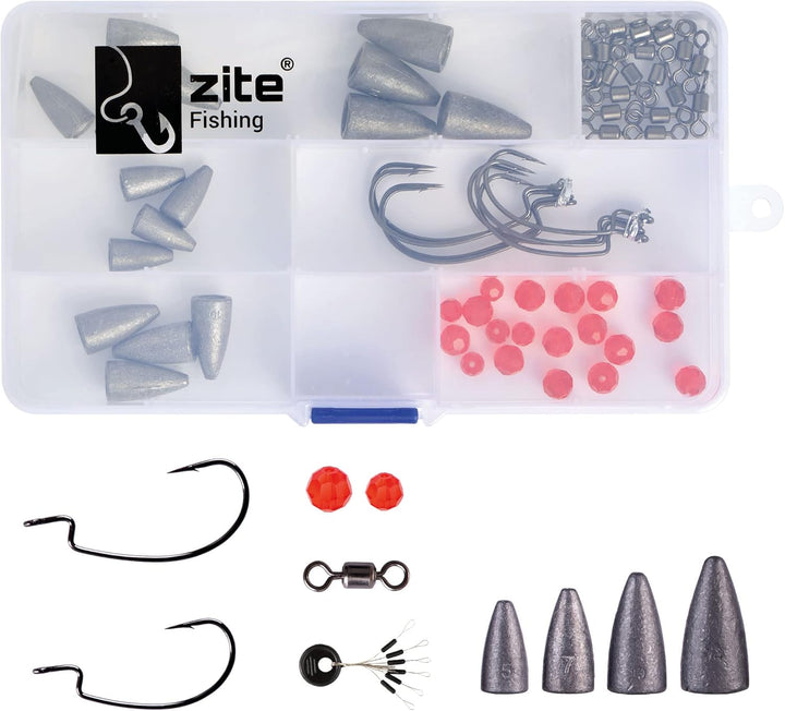 Zite Fishing Carolina/Texas Rig Set - Drop Shot Box mit Offset Haken Glasperlen Bullet Blei 5-14g -
