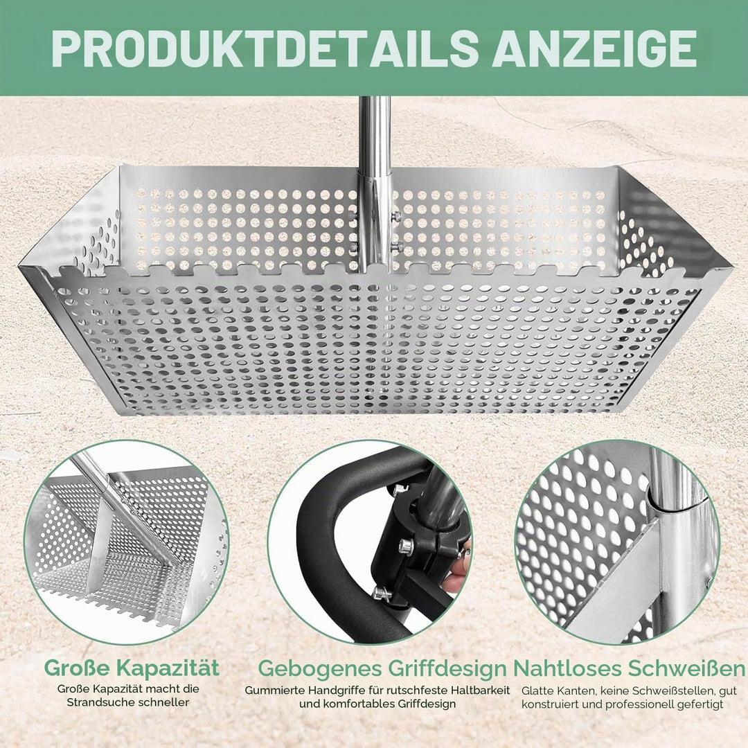 Sandflohharke, Sandsieb gross aus Edelstahl, Abnehmbarer 140 cm Langer Stiel Sand-Sieb mit rutschfes