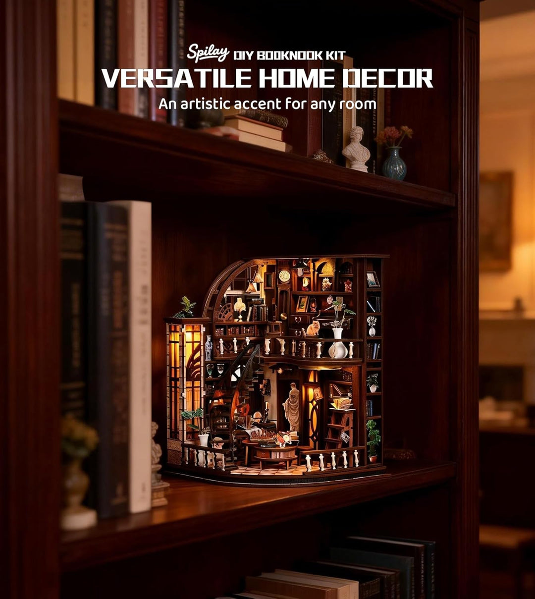 Spilay Miniatur Haus, Bacchus Bookstore 3D Holzpuzzle mit LED | DIY Miniature House Kit für Erwachse