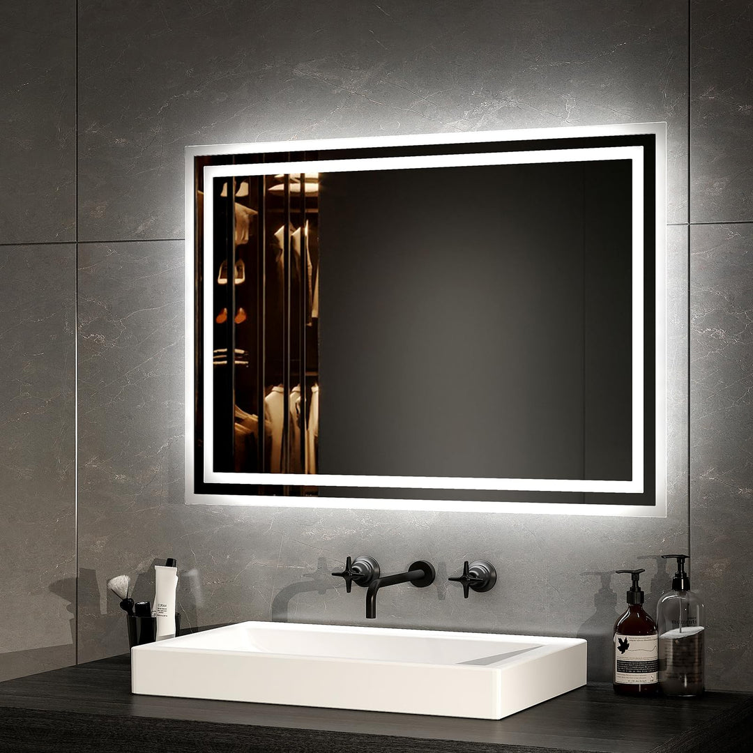 EMKE LED Badspiegel 70x50cm LED Wandspiegel mit Beleuchtung Warmweisses Licht und Kaltesweisses Lich