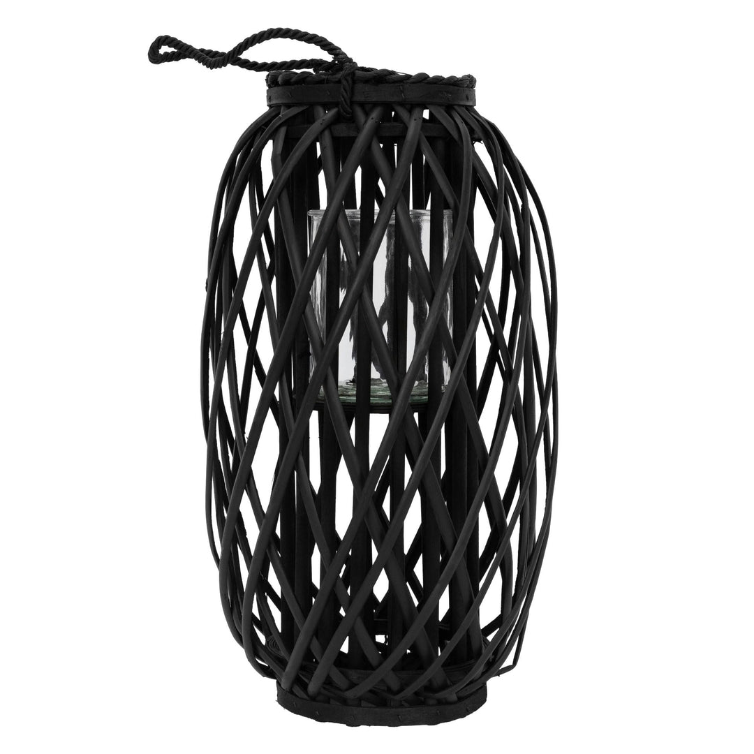 ECD Germany Laterne Ried 50 x Ø28 cm mit Henkel, Schwarz, Seilfaser, Flechtoptik, Rattan Windlicht m