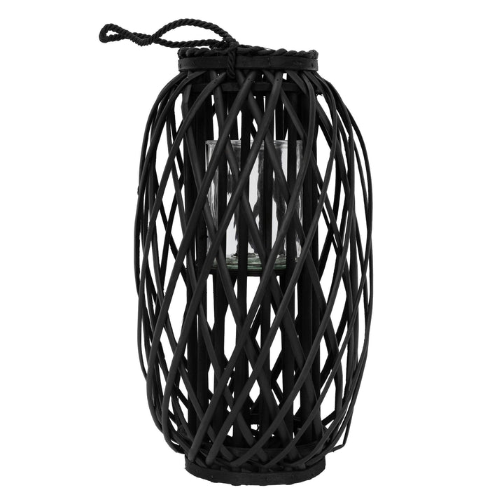 ECD Germany Laterne Ried 50 x Ø28 cm mit Henkel, Schwarz, Seilfaser, Flechtoptik, Rattan Windlicht m