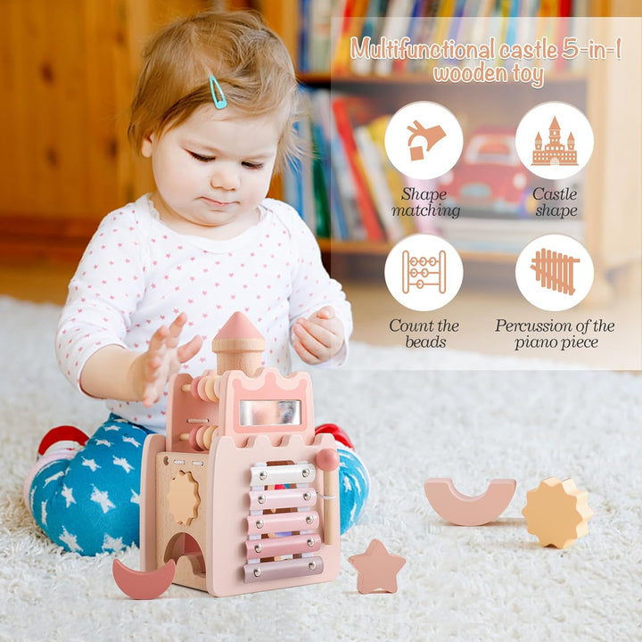 Promise Babe Montessori Spielzeug Baby Holzspielzeug,5 in 1 Rosa Schloss Lernspielzeug Motorikwürfel