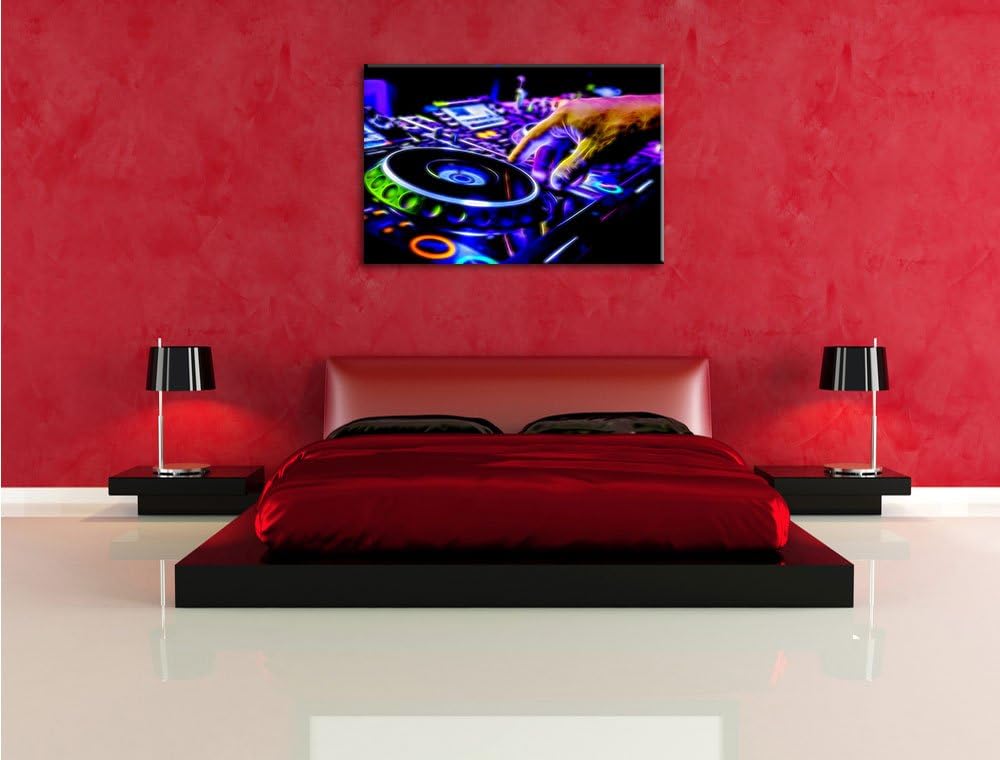 Pixxprint DJ Plattenteller, Cool Music Neon Lights Effekt, Format: 100x70 auf Leinwand, 100x70