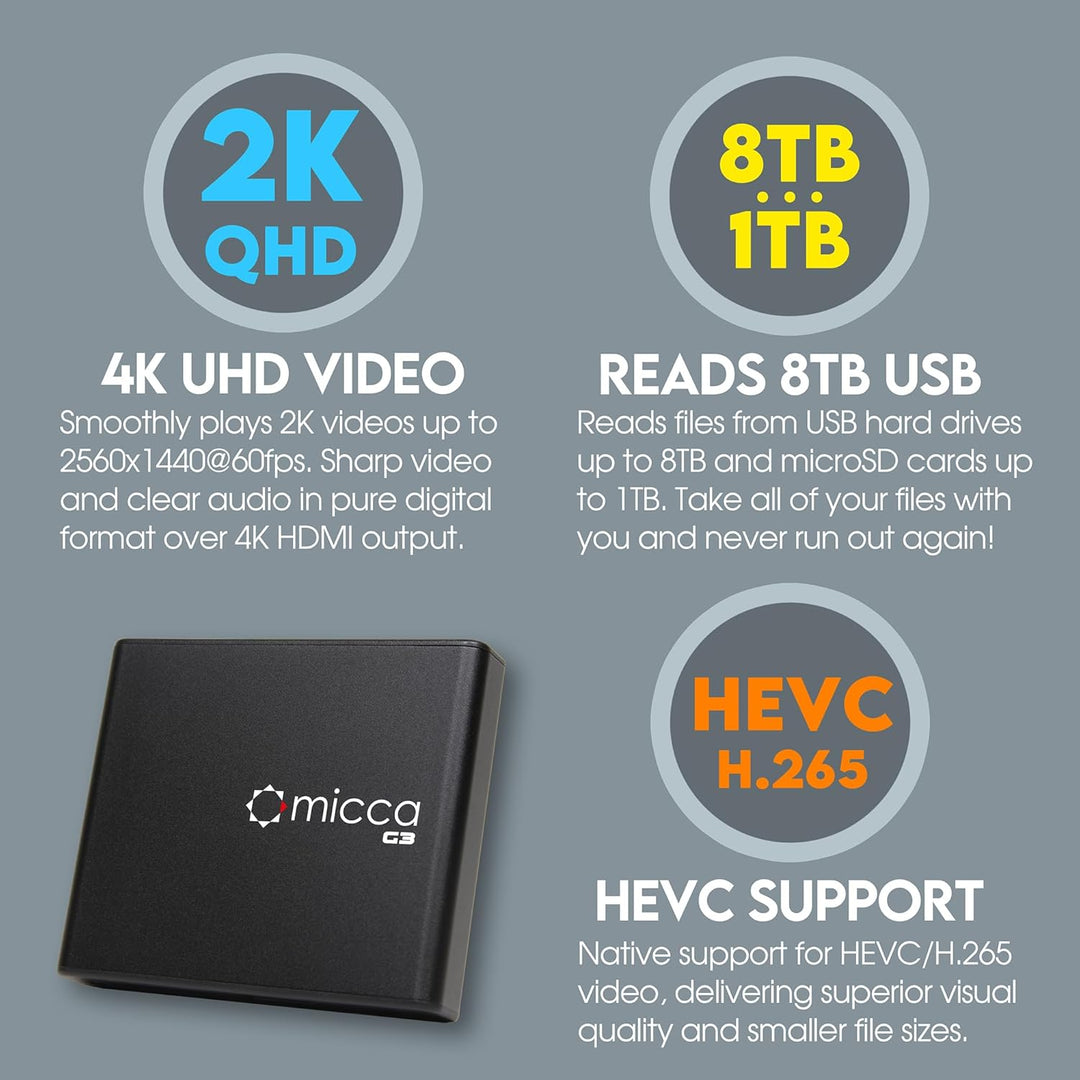 Micca Speck G3 2K Quad-HD Digitaler Media-Player für USB-Laufwerke und MicroSD-Karten, Digital Signa