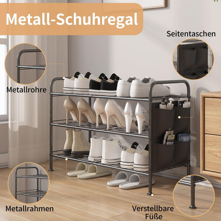 Schuhregal 3 Ebenen Schuhaufbewahrung Organizer Metall mit Seitentaschen für Flur, Schlafzimmer Schw