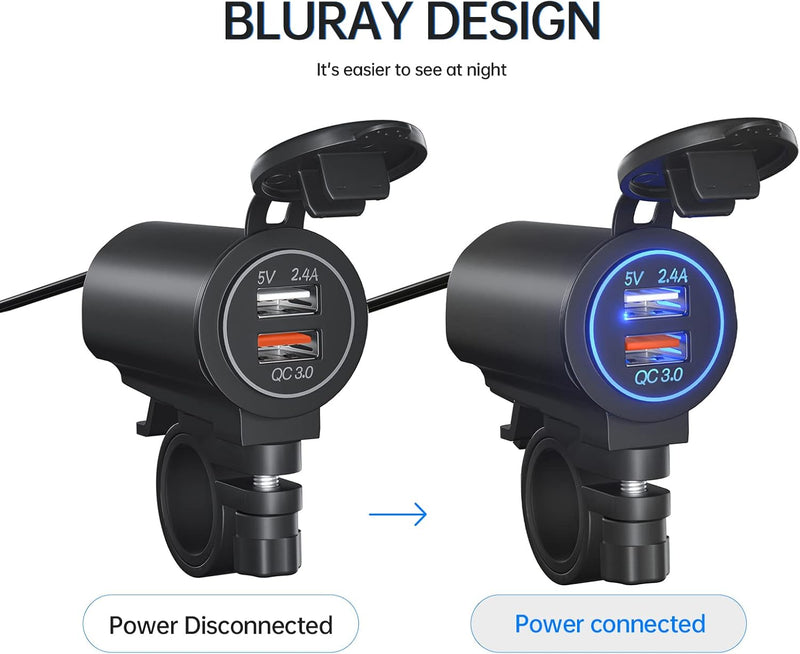 Shkalacar Dual USB Motorrad Ladegerät, Motorrad USB Ladekabel Adapter QC3.0-Schnelllade Wasserdichte