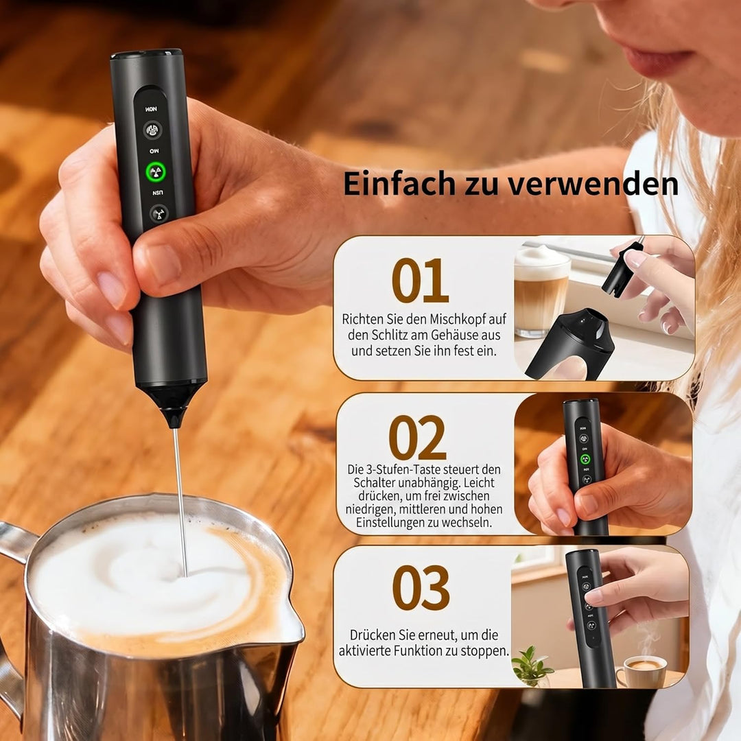 Wiederaufladbarer Hand-Milchaufschäumer mit Ständer, 3 variable Geschwindigkeiten, 3 Quirlaufsätze,