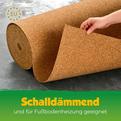 Kork Trittschalldämmung | Dämmung für Laminat & Parkett |Geeignet für Fussbodenheizung | Rollenkork