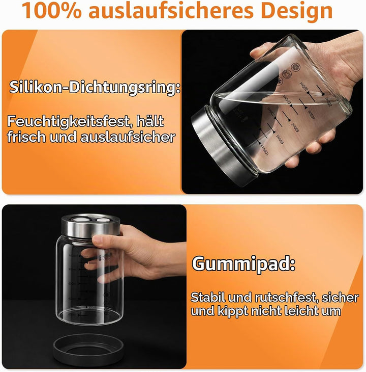 Diesisa 2 Stück 1L Borosilikatglas Fermentiergläser für Kimchi Sauerkraut | Fermentierglas mit Doppe