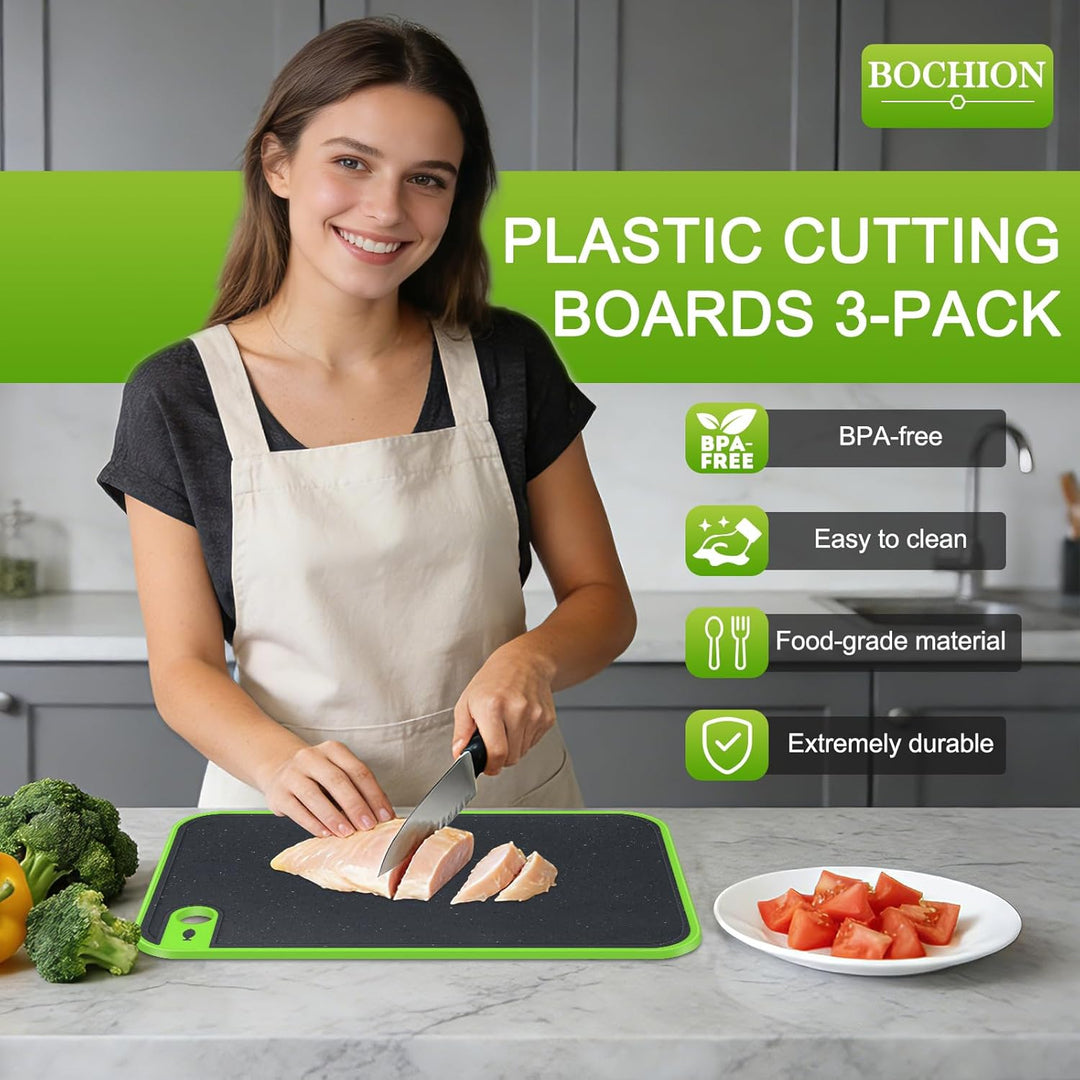 Schneidebrett 3er Set, Schneidebretter Kunststoff Gross, Küchenbrett Rutschfest mit Saftrille & Knob